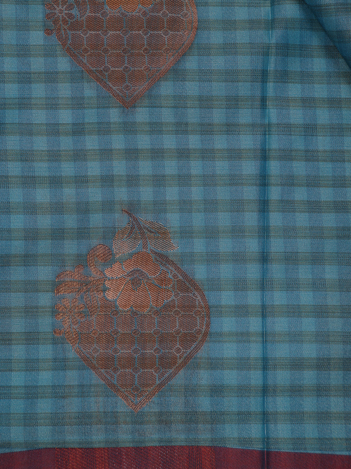 Teal Blue Checked Soft Silk Saree With Contrast Red Zari Blouse - Diadem