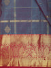 Teal Blue Checked Zari Woven Design Pure Kanchipuram Silk Saree with Contrast Zari Border