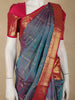 Teal Blue Checked Zari Woven Design Pure Kanchipuram Silk Saree with Contrast Zari Border