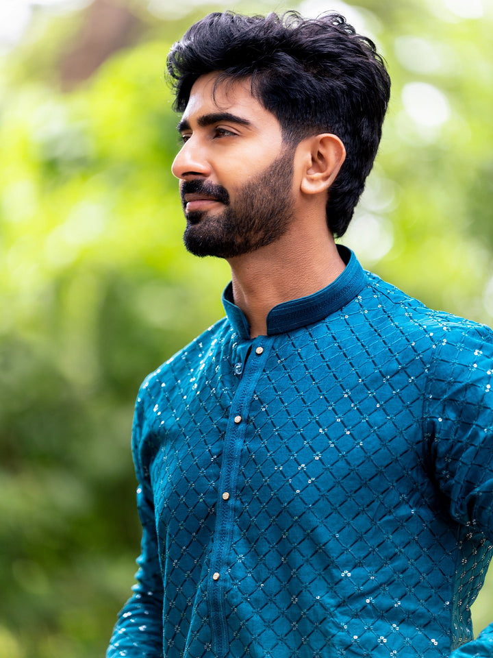 Teal Blue Diamond Sequin Embroidered Cotton Kurta Set - Diadem