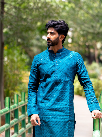 Teal Blue Diamond Sequin Embroidered Cotton Kurta Set - Diadem