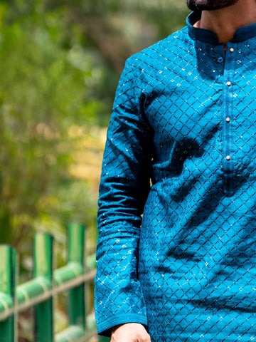 Teal Blue Diamond Sequin Embroidered Cotton Kurta Set - Diadem