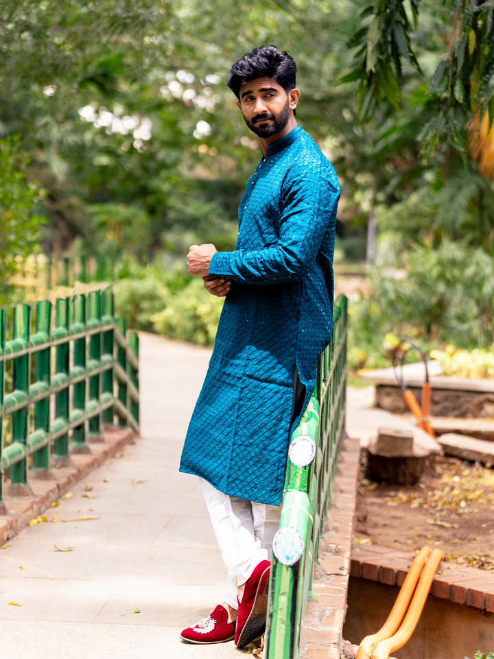 Teal Blue Diamond Sequin Embroidered Cotton Kurta Set - Diadem