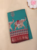 Teal Blue Elephant Printed Design Chanderi Cotton Saree with Contrast Zari Border