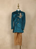 Teal Blue Embroidered Kids Velvet Sherwani Set with Golden Pants