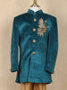 Teal Blue Embroidered Kids Velvet Sherwani Set with Golden Pants