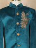 Teal Blue Embroidered Kids Velvet Sherwani Set with Golden Pants