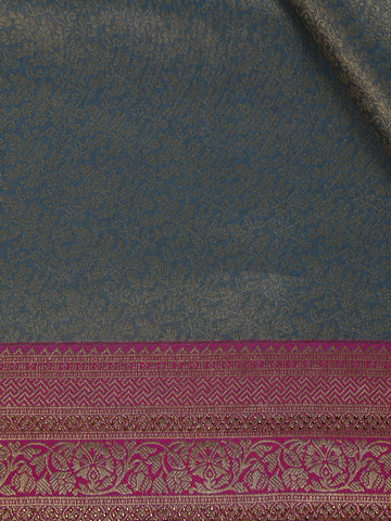 Teal Blue Floral Design Banarasi Silk Saree - Diadem