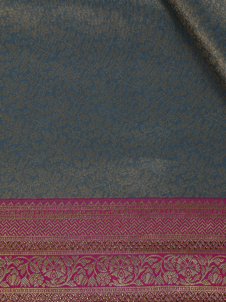 Teal Blue Floral Design Banarasi Silk Saree - Diadem