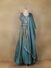 Teal Blue Floral Design Satin Lehenga with Dupatta
