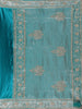 Teal Blue Floral Embellished Design Satin Saree