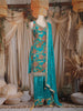 Teal Blue Floral Embroidered Design Raw Silk Palazzo Suit with Dupatta