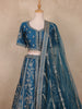 Teal Blue Floral Embroidered Silk Lehenga Set With Net Dupatta - Diadem