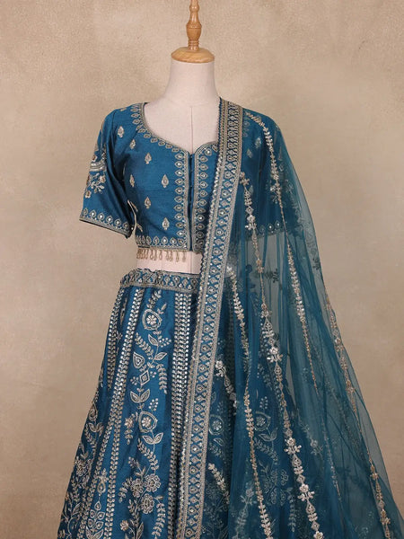 Teal Blue Floral Embroidered Silk Lehenga Set With Net Dupatta - Diadem