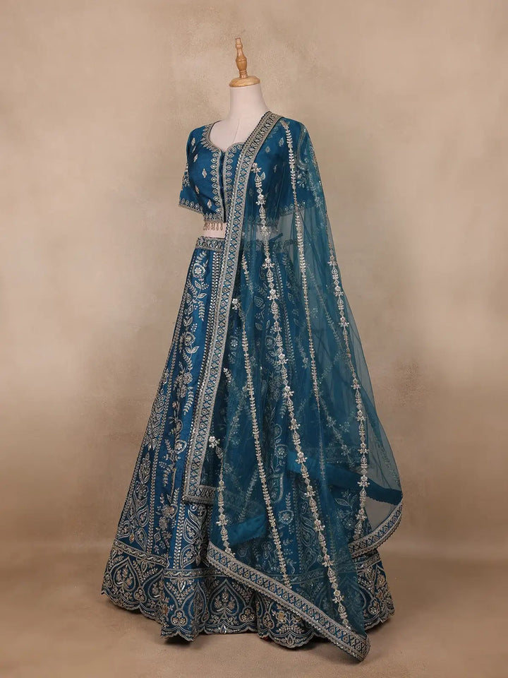 Teal Blue Floral Embroidered Silk Lehenga Set With Net Dupatta - Diadem