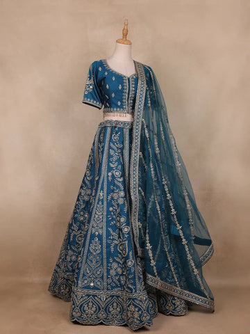 Teal Blue Floral Embroidered Silk Lehenga Set With Net Dupatta - Diadem