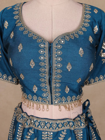 Teal Blue Floral Embroidered Silk Lehenga Set With Net Dupatta - Diadem
