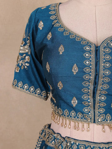 Teal Blue Floral Embroidered Silk Lehenga Set With Net Dupatta - Diadem