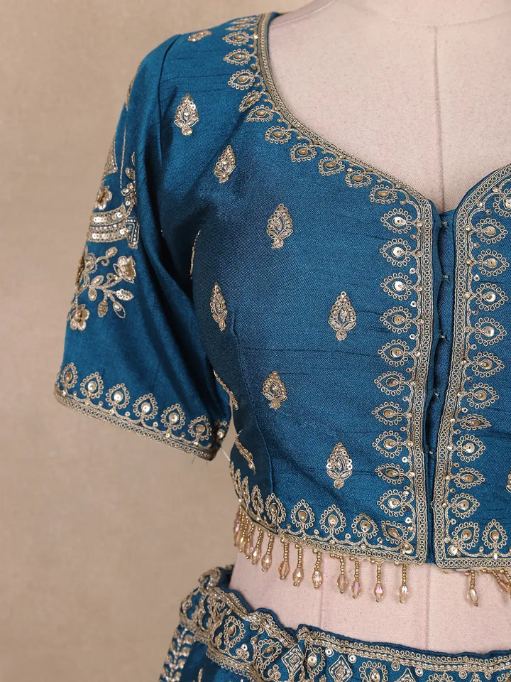 Teal Blue Floral Embroidered Silk Lehenga Set With Net Dupatta - Diadem