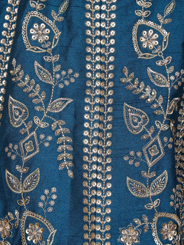 Teal Blue Floral Embroidered Silk Lehenga Set With Net Dupatta - Diadem