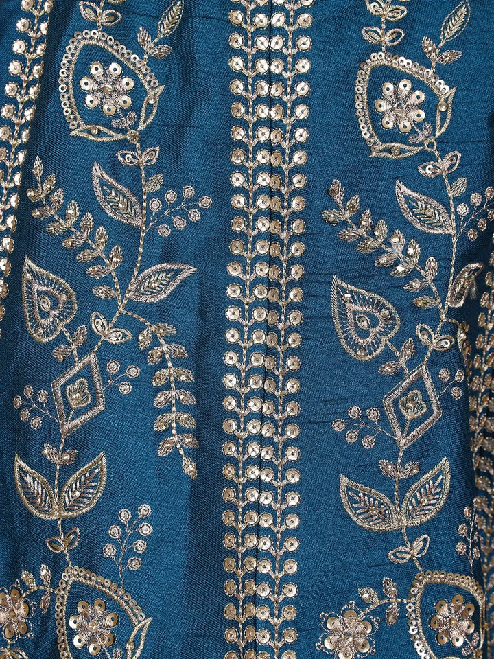 Teal Blue Floral Embroidered Silk Lehenga Set With Net Dupatta - Diadem