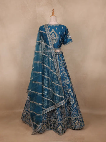 Teal Blue Floral Embroidered Silk Lehenga Set With Net Dupatta - Diadem