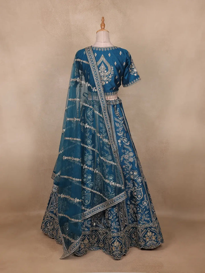 Teal Blue Floral Embroidered Silk Lehenga Set With Net Dupatta - Diadem