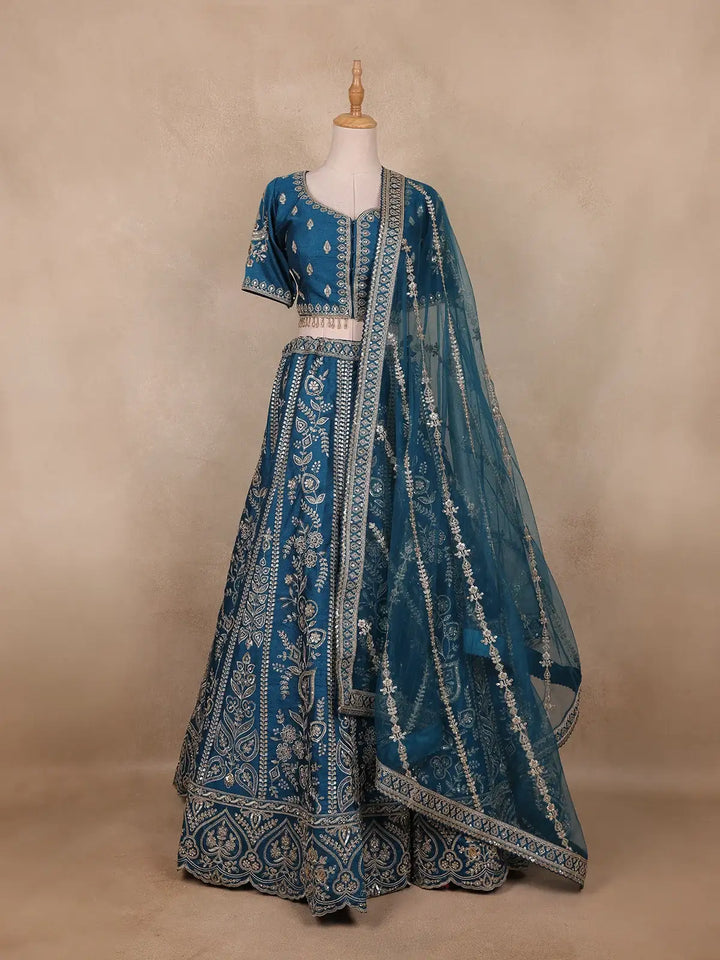 Teal Blue Floral Embroidered Silk Lehenga Set With Net Dupatta - Diadem