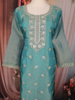 Teal Blue Floral Embroidered Tissue Silk Straight Cut Salwar Suit with Dupatta