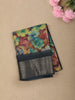 Teal Blue Floral Printed Design Crepe Silk Casual Wear Saree with Contrast Zari Border