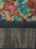 Teal Blue Floral Printed Design Crepe Silk Casual Wear Saree with Contrast Zari Border
