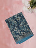 Teal Blue Floral Printed Design Linen Cotton Saree