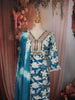 Teal Blue Floral Printed and Mirror Embroidered Design Cotton Straight Cut Salwar Suit with Matching Dupatta