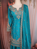 Teal Blue Floral Sequins Embroidered Design Crepe Palazzo Suit