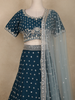 Teal Blue Floral Sequins Embroidered Georgette Lehenga Set with Net Dupatta