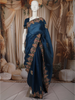 Teal Blue Floral Thread Embroidered Design Pure Tussar Party Wear Saree with Floral Border