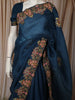 Teal Blue Floral Thread Embroidered Design Pure Tussar Party Wear Saree with Floral Border