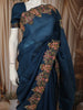 Teal Blue Floral Thread Embroidered Design Pure Tussar Party Wear Saree with Floral Border