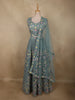 Teal Blue Floral Thread and Mirror Embroidered Design Net Lehenga with Dupatta