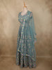 Teal Blue Floral Thread and Mirror Embroidered Design Net Lehenga with Dupatta