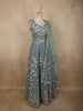 Teal Blue Floral Thread and Mirror Embroidered Design Net Lehenga with Dupatta