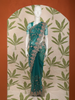 Teal Blue Floral Vine Embroidered Design Net Fancy Saree with Scalloped Border