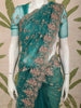 Teal Blue Floral Vine Embroidered Design Net Fancy Saree with Scalloped Border