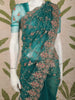 Teal Blue Floral Vine Embroidered Design Net Fancy Saree with Scalloped Border