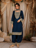 Teal Blue Floral Zari Embroidered Design Silk Straight Cut Salwar Suit with Choker Dupatta