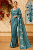 Teal Blue Flying Crane Bird Thread Embroidered Design Pure Tissue Fancy Saree with Lace Border