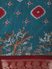 Teal Blue Geometric Printed Design Chanderi Cotton Saree with Contrast Zari Woven Border