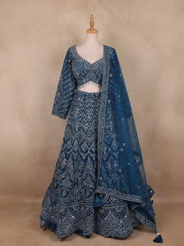 Teal Blue Heavy Sequin And Stone Embroidered Net Bridal Lehenga Set With Dupatta - Diadem