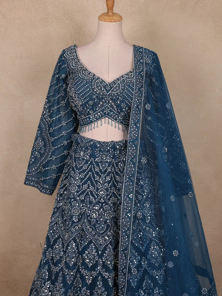 Teal Blue Heavy Sequin And Stone Embroidered Net Bridal Lehenga Set With Dupatta - Diadem