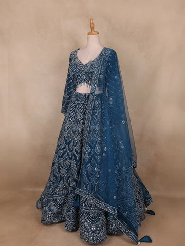 Teal Blue Heavy Sequin And Stone Embroidered Net Bridal Lehenga Set With Dupatta - Diadem